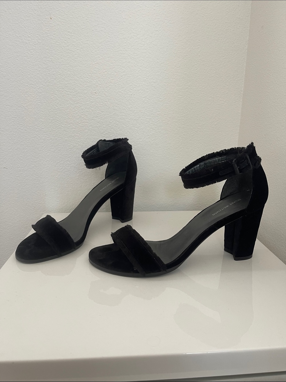 Stuart Weitzman Black Suede velvet Ankle-Strap Block Heels sz 10